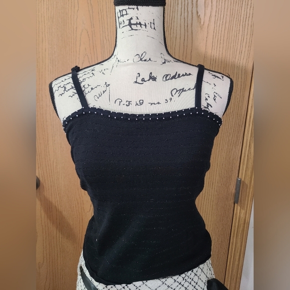 Striped Metallic Thread Beaded Crystal Button Y2k Sweater Tank Top Set - Picture 6 of 8